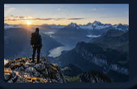 Person overlooking a mountain valley at sunrise